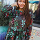 Diva Dreams Chocolate & Emerald Floral Frill Bubble Sleeve Blouse