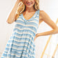 Blue Stripe V Neck Ruffle Hem French Terry Top