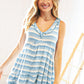 Blue Stripe V Neck Ruffle Hem French Terry Top