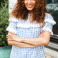 Lost In Love Cotton Blue Gingham Shirred Mock Neck Top
