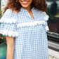Lost In Love Cotton Blue Gingham Shirred Mock Neck Top