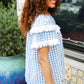 Lost In Love Cotton Blue Gingham Shirred Mock Neck Top