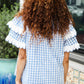 Lost In Love Cotton Blue Gingham Shirred Mock Neck Top