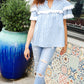 Lost In Love Cotton Blue Gingham Shirred Mock Neck Top