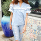 Lost In Love Cotton Blue Gingham Shirred Mock Neck Top