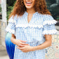 Lost In Love Cotton Blue Gingham Shirred Mock Neck Top