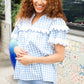 Lost In Love Cotton Blue Gingham Shirred Mock Neck Top