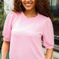 Pretty In Pink Puff Bubble Short Sleeve Wavy Rib Knit Top