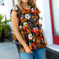 Burnt Orange Flat Floral Print Ruffle Sleeve Babydoll Top