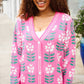 All For Love Fuchsia Flower Print Button Down Knit Cardigan