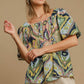 Umgee Full Size Abstract Print Smocked Square Neck Puff Sleeve Blouse