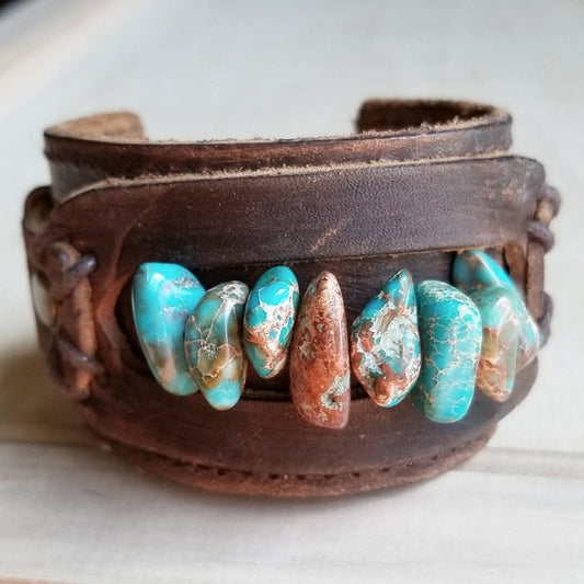 Dusty Leather Cuff W/Turquoise Regalite Chunks