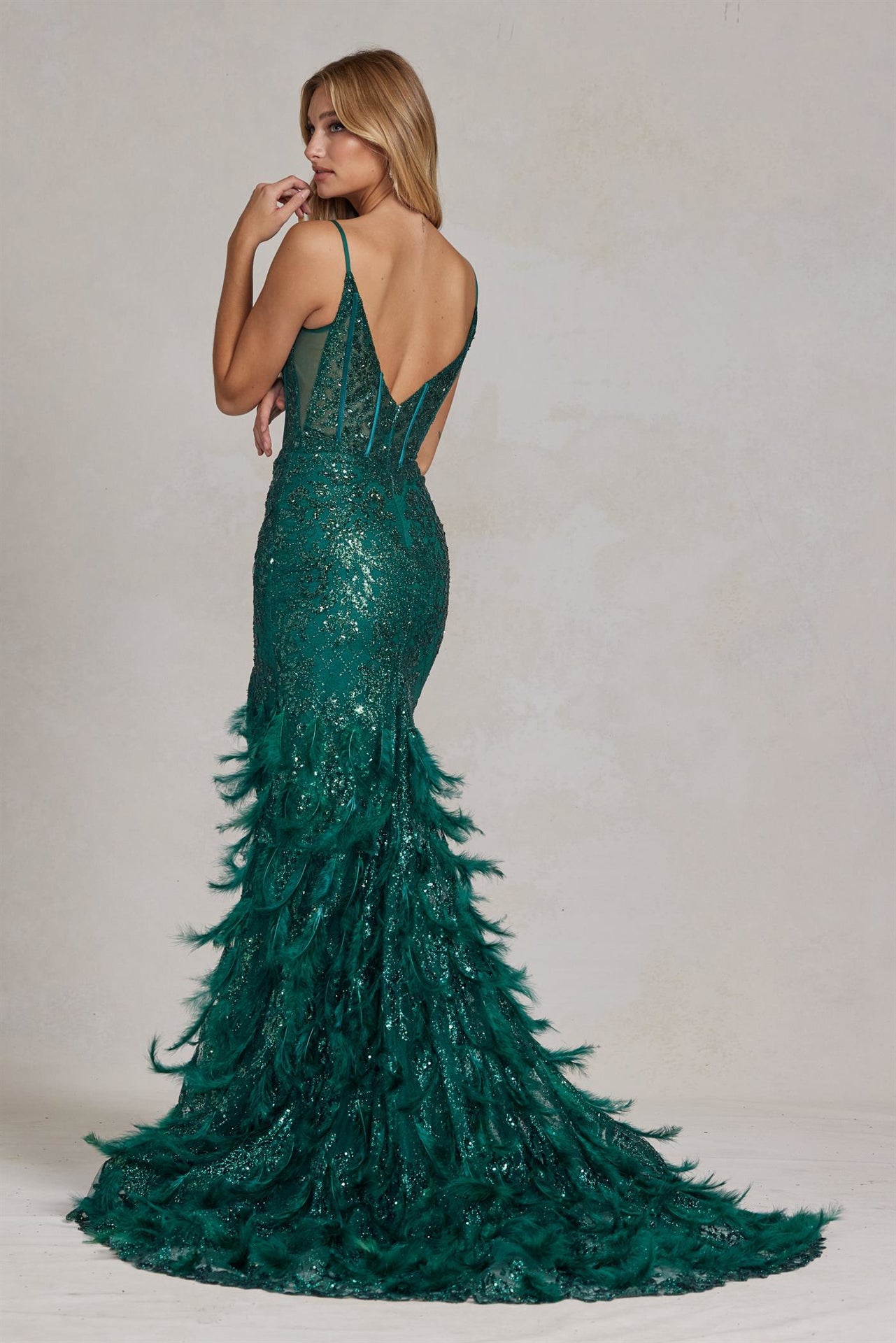 Embellished Feather Skirt V-Neck Open V-Back Side Slit Long Prom Dress NXC1119_24