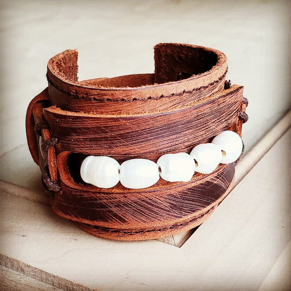 Leather Cuff W/Freshwater Pearl Accent Strand