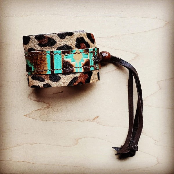 Cuff W/Leather Tie-Turquoise Navajo and Leopard