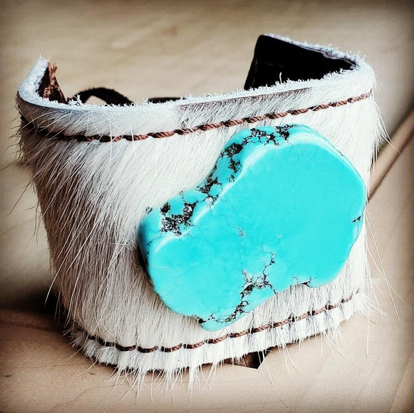 Cuff W/Leather Tie-White Hide and Turquoise Slab