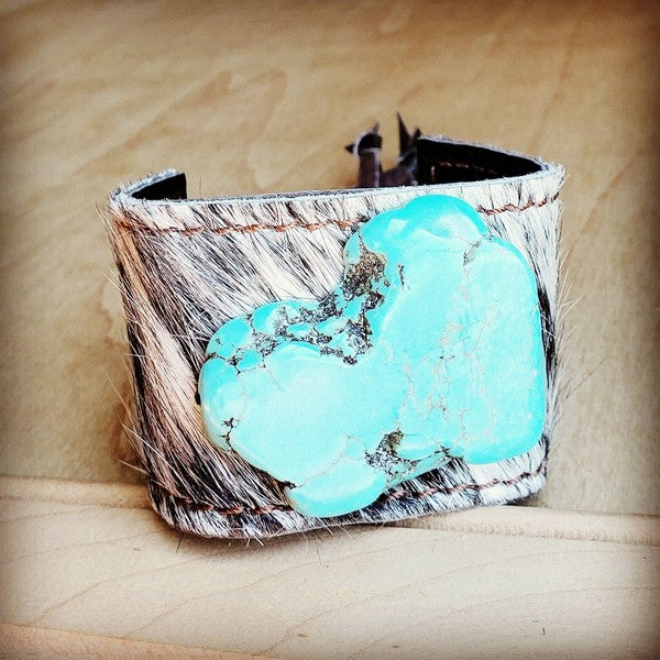 Leather Cuff Gray Hair on Hide W/Turquoise Stone