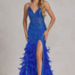 Embellished Feather Skirt V-Neck Open V-Back Side Slit Long Prom Dress NXC1119_25