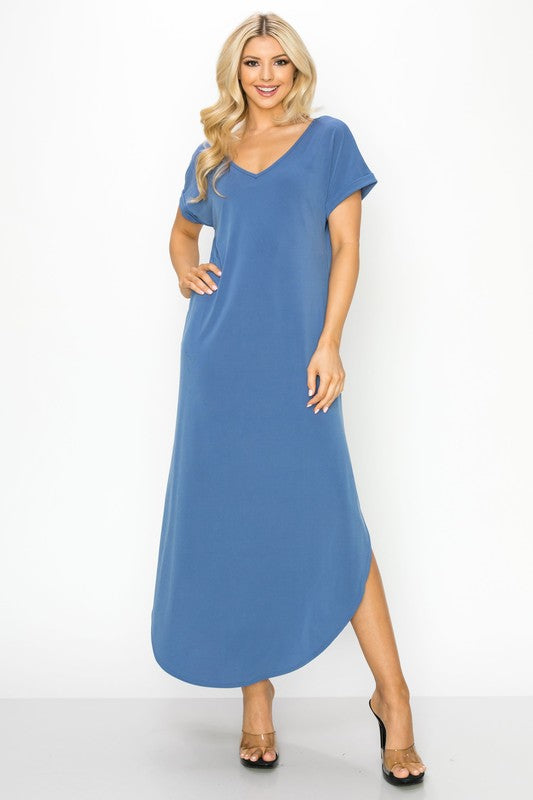 V-Neck Short Sleeved Slit Pocket Maxi Dress