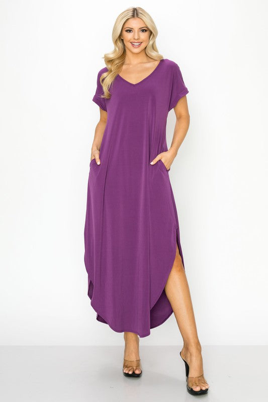 V-Neck Short Sleeved Slit Pocket Maxi Dress