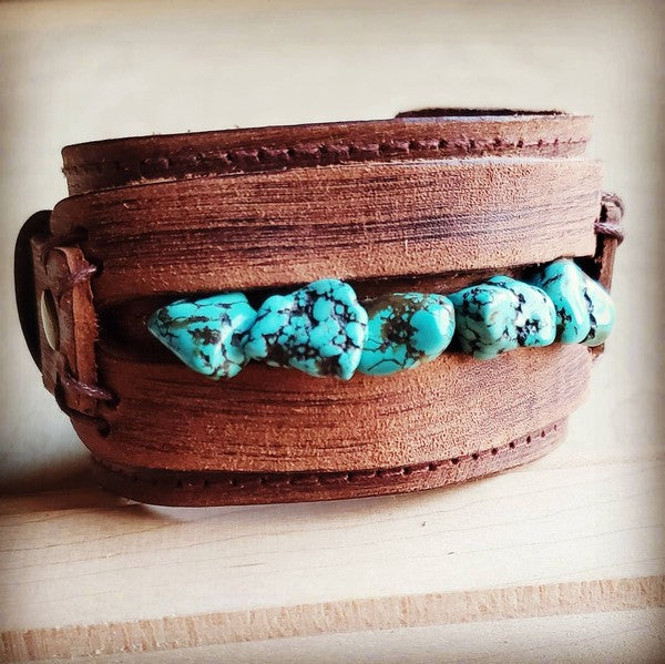 Leather Cuff W/Blue Turquoise Chunks