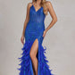 Embellished Feather Skirt V-Neck Open V-Back Side Slit Long Prom Dress NXC1119_26