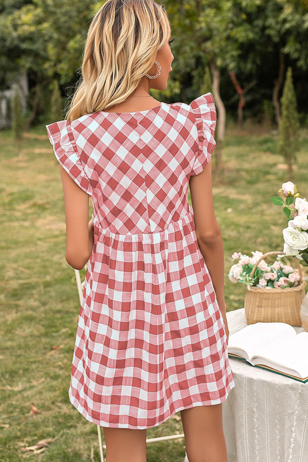 Ivy Lane Plaid Butterfly Sleeve Mini Dress