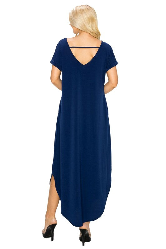 V-Neck Short Sleeved Slit Pocket Maxi