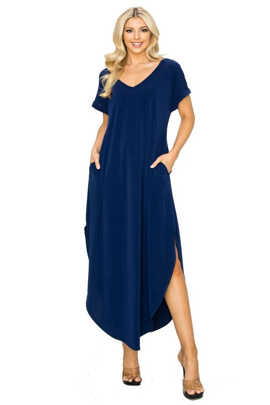 V-Neck Short Sleeved Slit Pocket Maxi