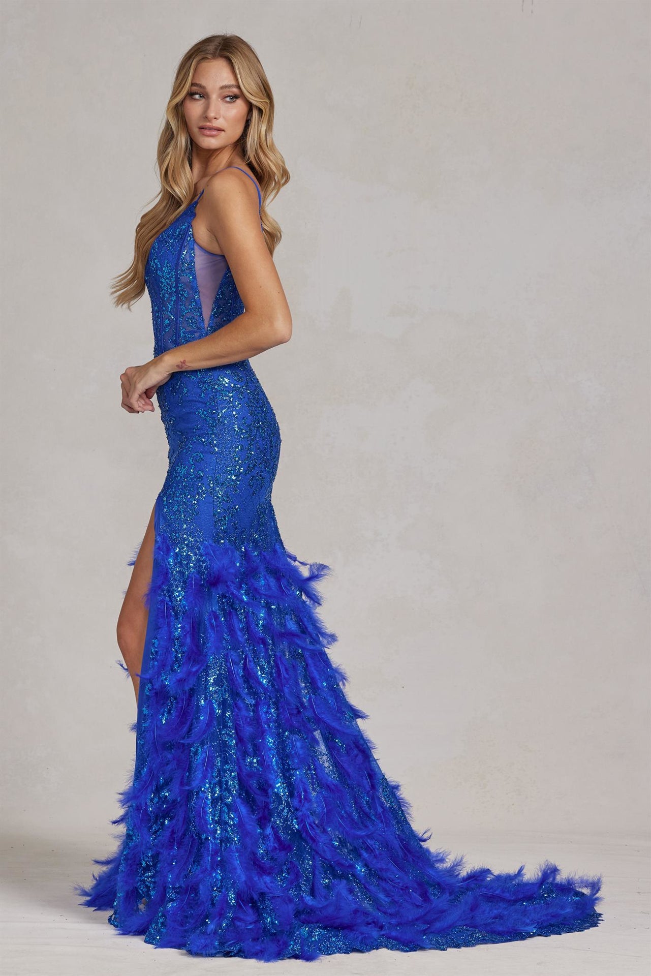 Embellished Feather Skirt V-Neck Open V-Back Side Slit Long Prom Dress NXC1119_15