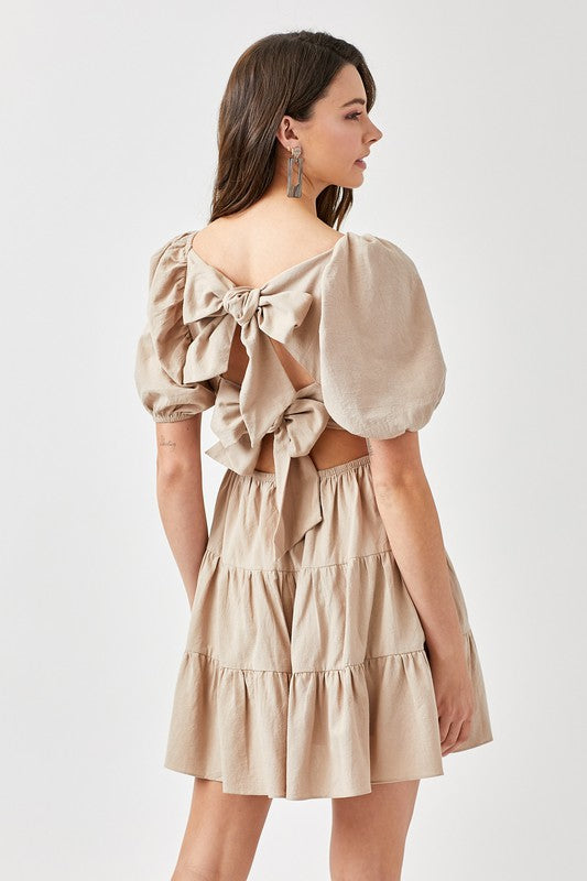 Puff Sleeve Back Double Tie Tiered Dress