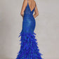 Embellished Feather Skirt V-Neck Open V-Back Side Slit Long Prom Dress NXC1119_16