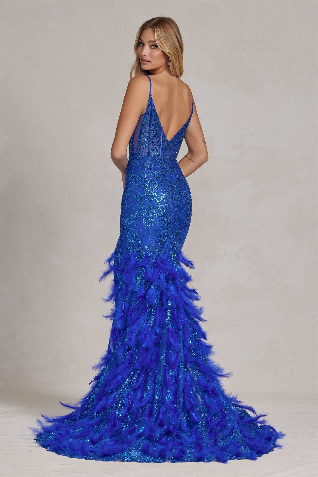 Embellished Feather Skirt V-Neck Open V-Back Side Slit Long Prom Dress NXC1119_16