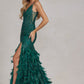 Embellished Feather Skirt V-Neck Open V-Back Side Slit Long Prom Dress NXC1119_23