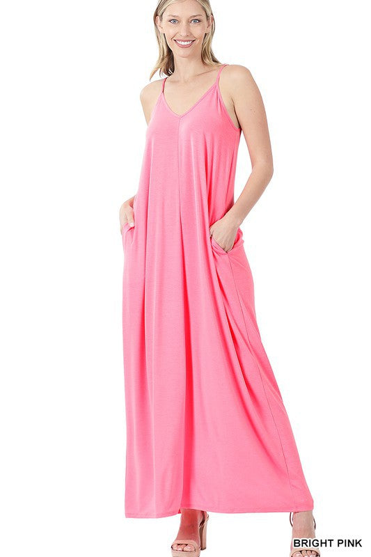 V-Neck Cami Maxi Dress W/Side Pockets