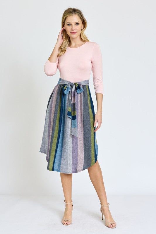 Quarter Sleeve Stripe Sash Midi Dress