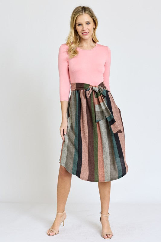 Quarter Sleeve Stripe Sash Midi Dress