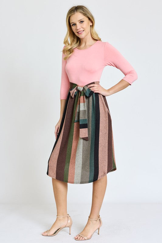 Quarter Sleeve Stripe Sash Midi Dress