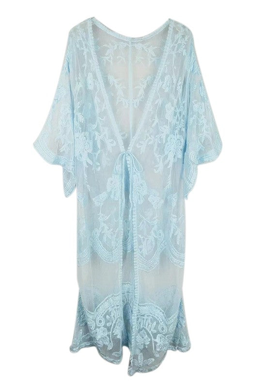 Pastel Floral Lace Kimono W/Front Tie