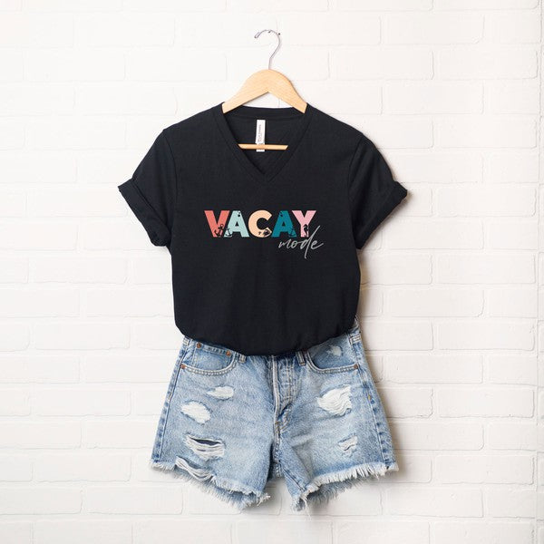 Vacay Mode Colorful Graphic V-Neck Tee