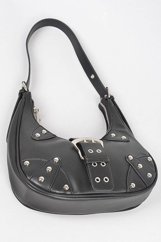 Vegan Leather Buckle Accent Shoulder Bag