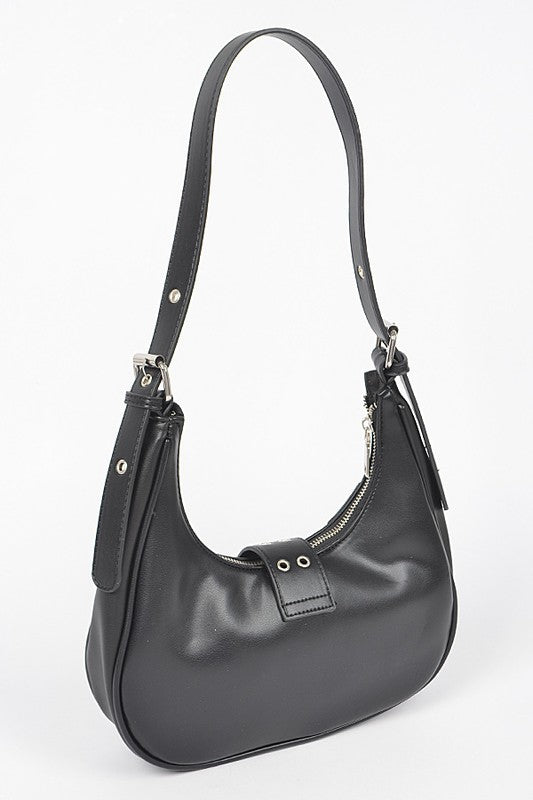 Vegan Leather Buckle Accent Shoulder Bag