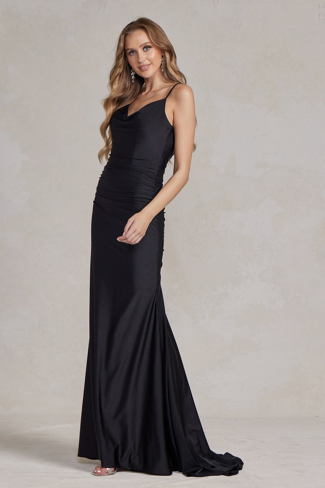 Cowl Neck Low Back Mermaid Open V-Back Long Evening Dress NXK490_0