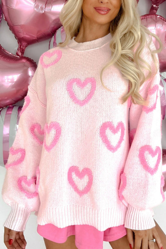 High-Low Heart Round Neck Long Sleeve Sweater