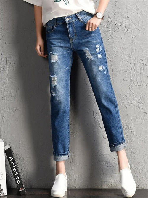 Mid Waist Boyfriend Ripped Jeans