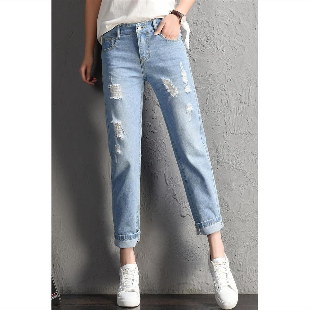 Mid Waist Boyfriend Ripped Jeans