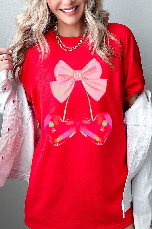 Cherry Pink Bow Graphic Heavyweight T Shirts