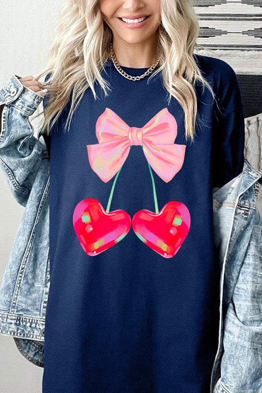 Cherry Pink Bow Graphic Heavyweight T Shirts