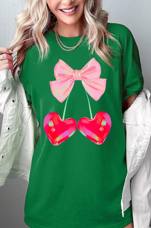 Cherry Pink Bow Graphic Heavyweight T Shirts