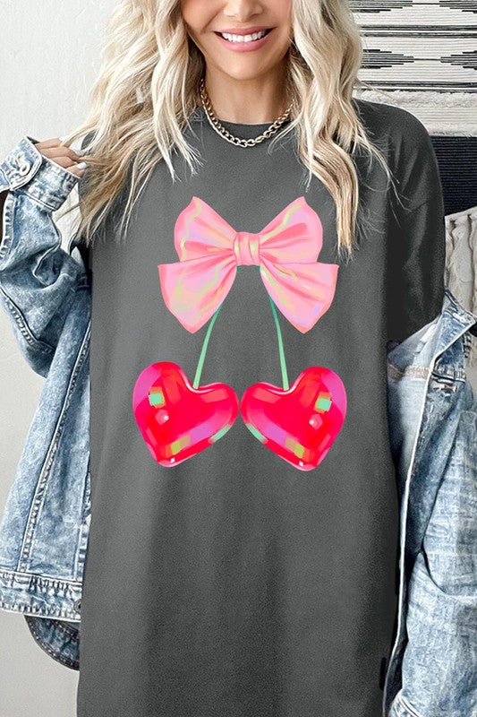 Cherry Pink Bow Graphic Heavyweight T Shirts